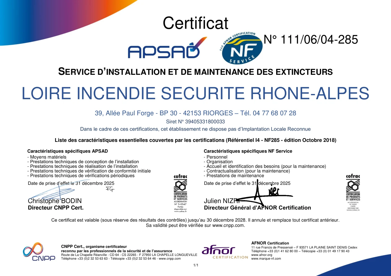 Certificat APSAD NF Service n° 111/06/04-285 de Loire Incendie Sécurité Rhône-Alpes