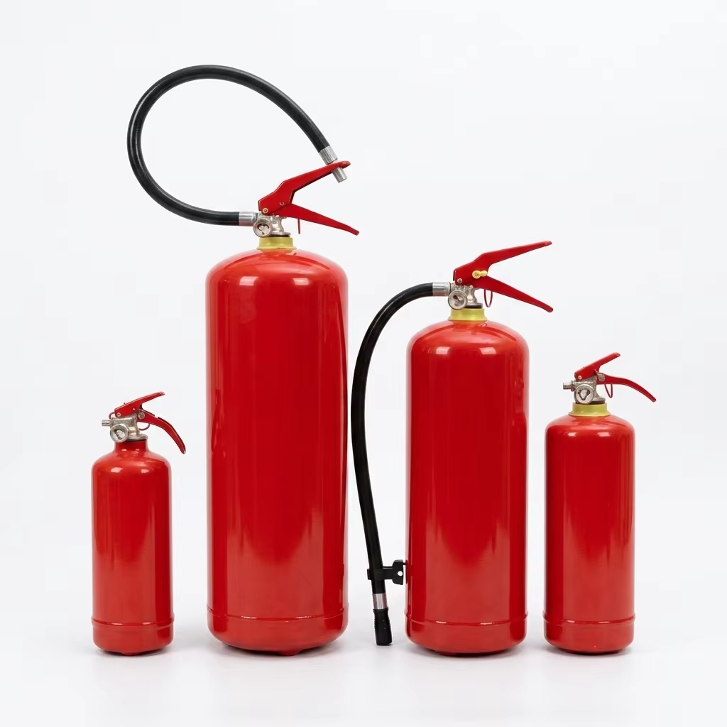 Gamme de quatre extincteurs rouges de différentes tailles, sans marque visible