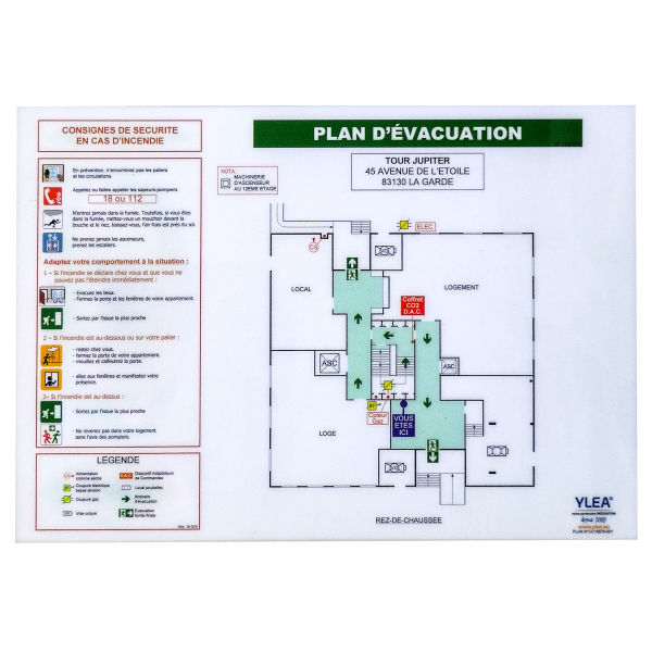 Plan d’évacuation avec consignes de sécurité incendie, présenté sur fond clair